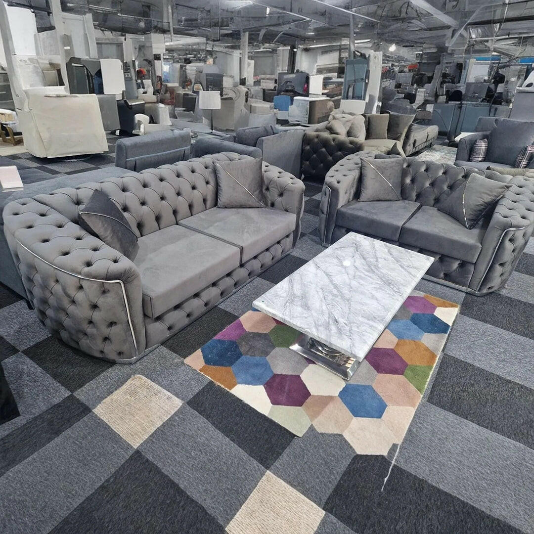 AMBASSADOR CHESTERFIELD SOFA 3+2 GREY & SILVER