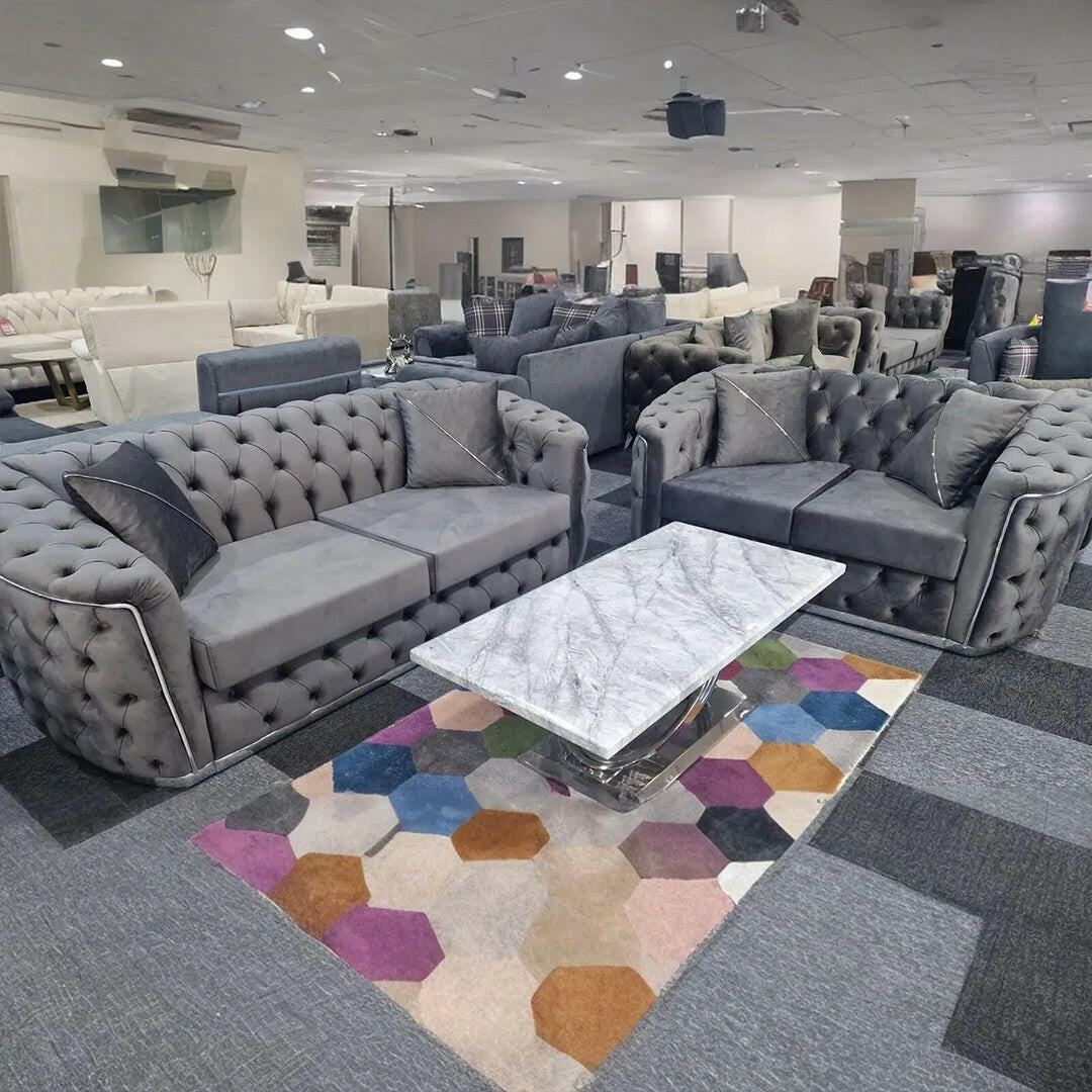 AMBASSADOR CHESTERFIELD SOFA 3+2 GREY & SILVER