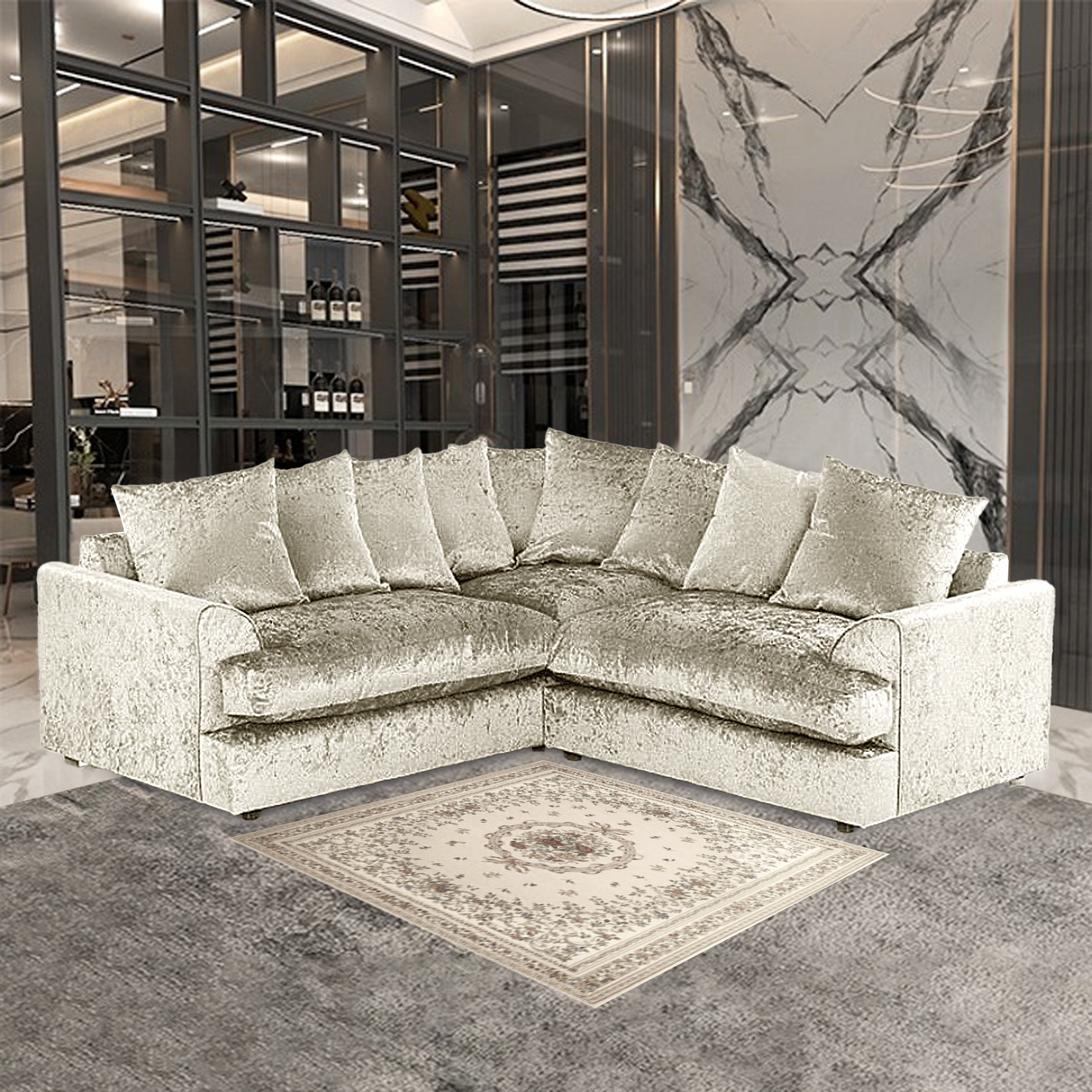 DYLAN CRUSH VELVET WIDE ARMREST 5 SEATER WITH FOOTSTOOL – CLASSIC CORNER SOFA