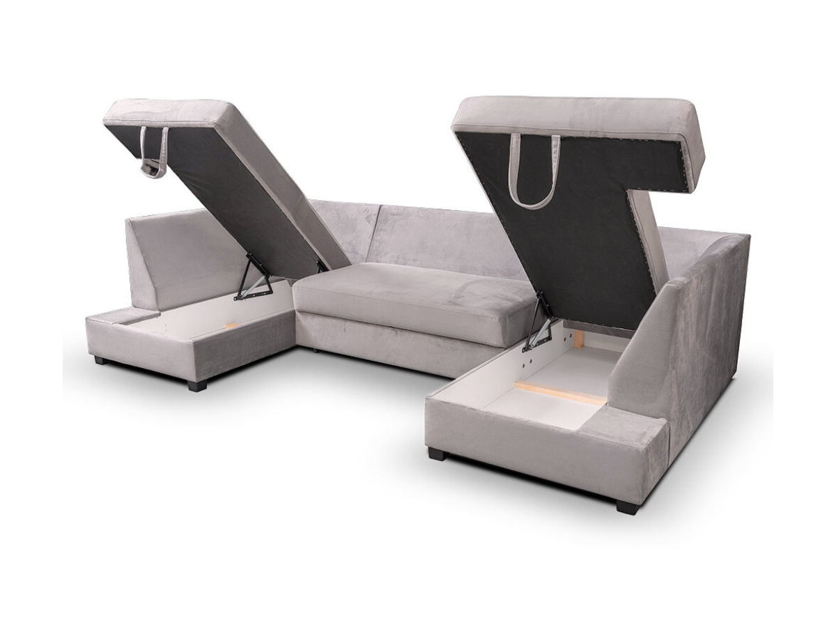 Meri U Shape Sofa Bed with Storage Silver Plush Velvet